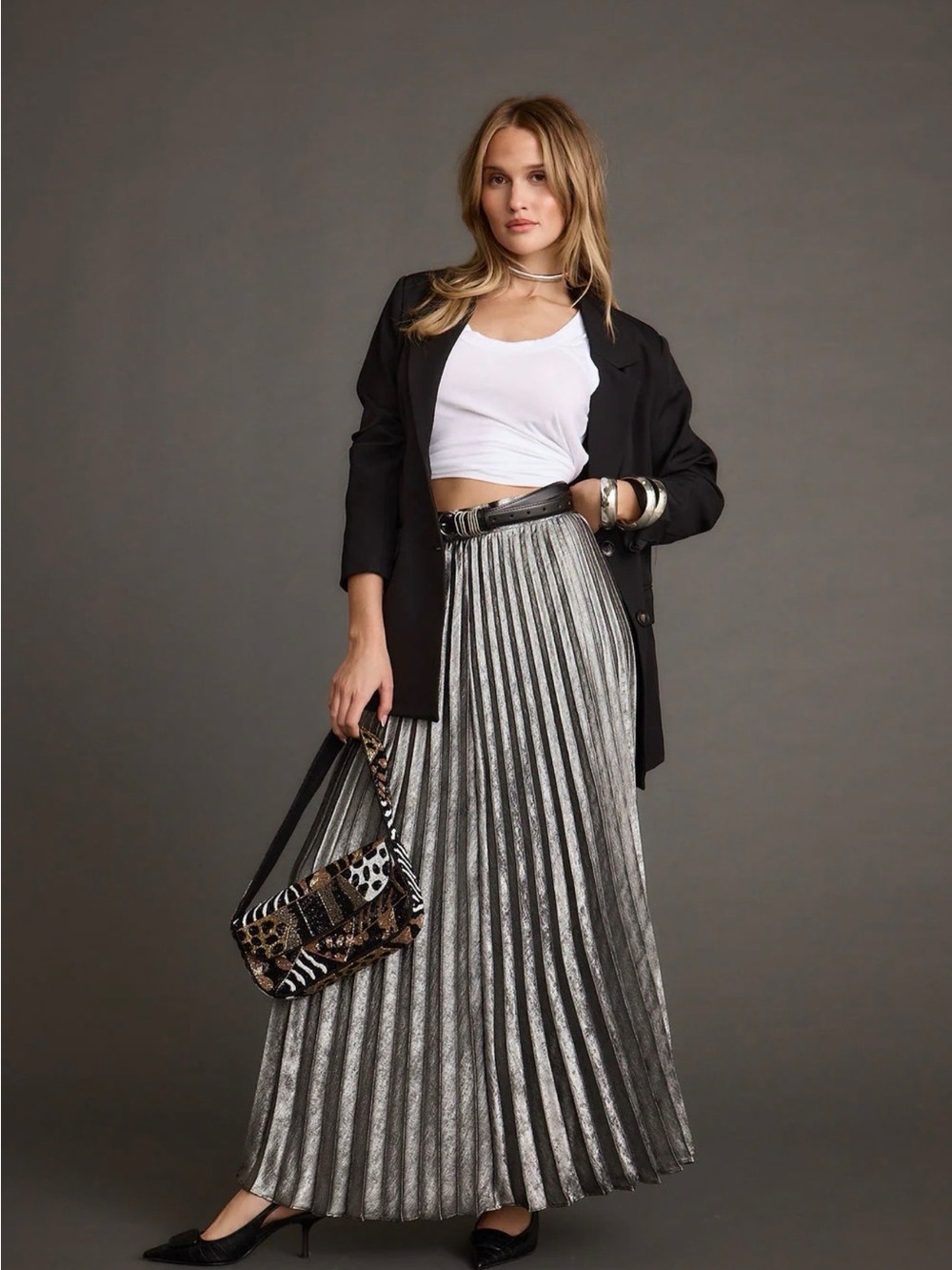 NWT 12th Tribe Women’s Metallic Silver Pleated Maxi Skirt Size Small